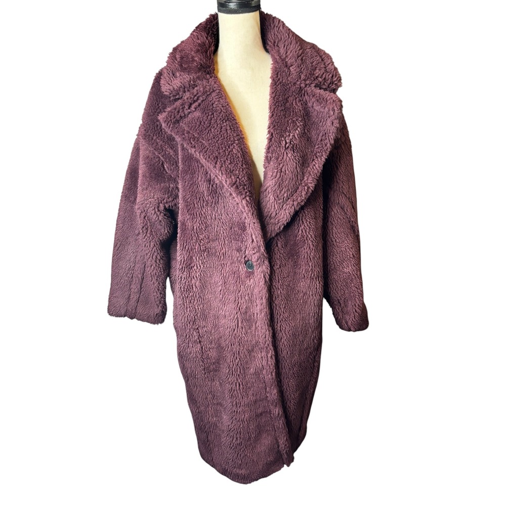 Express Women Burgundy Faux Fur Teddy Coat Longline Oversized Plum Large NEW
